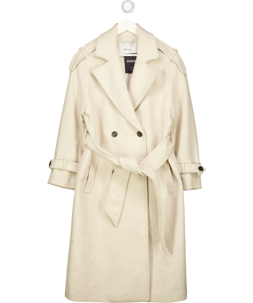 Bershka Cream Cream Wool Blend Double Breasted Trench Coat, size UK S — front