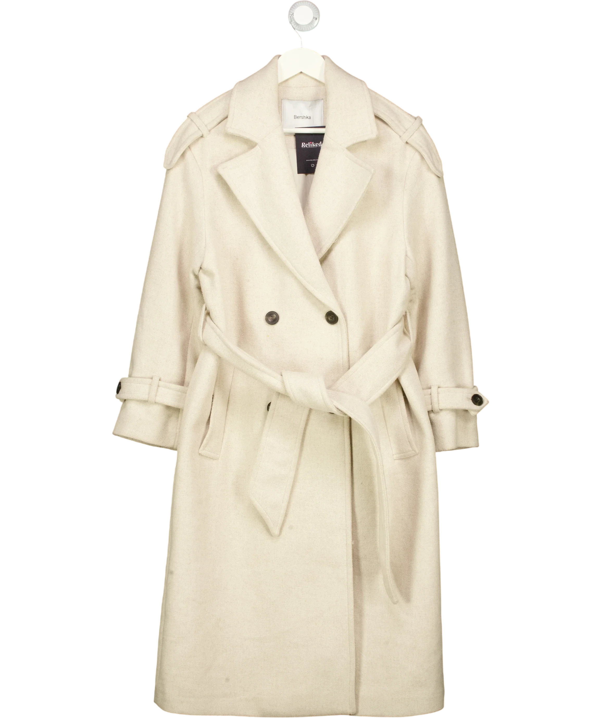 Bershka Cream Cream Wool Blend Double Breasted Trench Coat, size UK S — front
