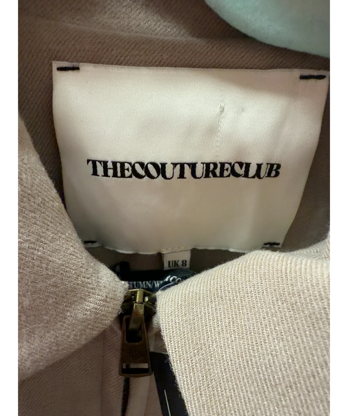 The Couture Club Beige Cropped Zip-Up Bomber Jacket Beige, size UK 8 — detail