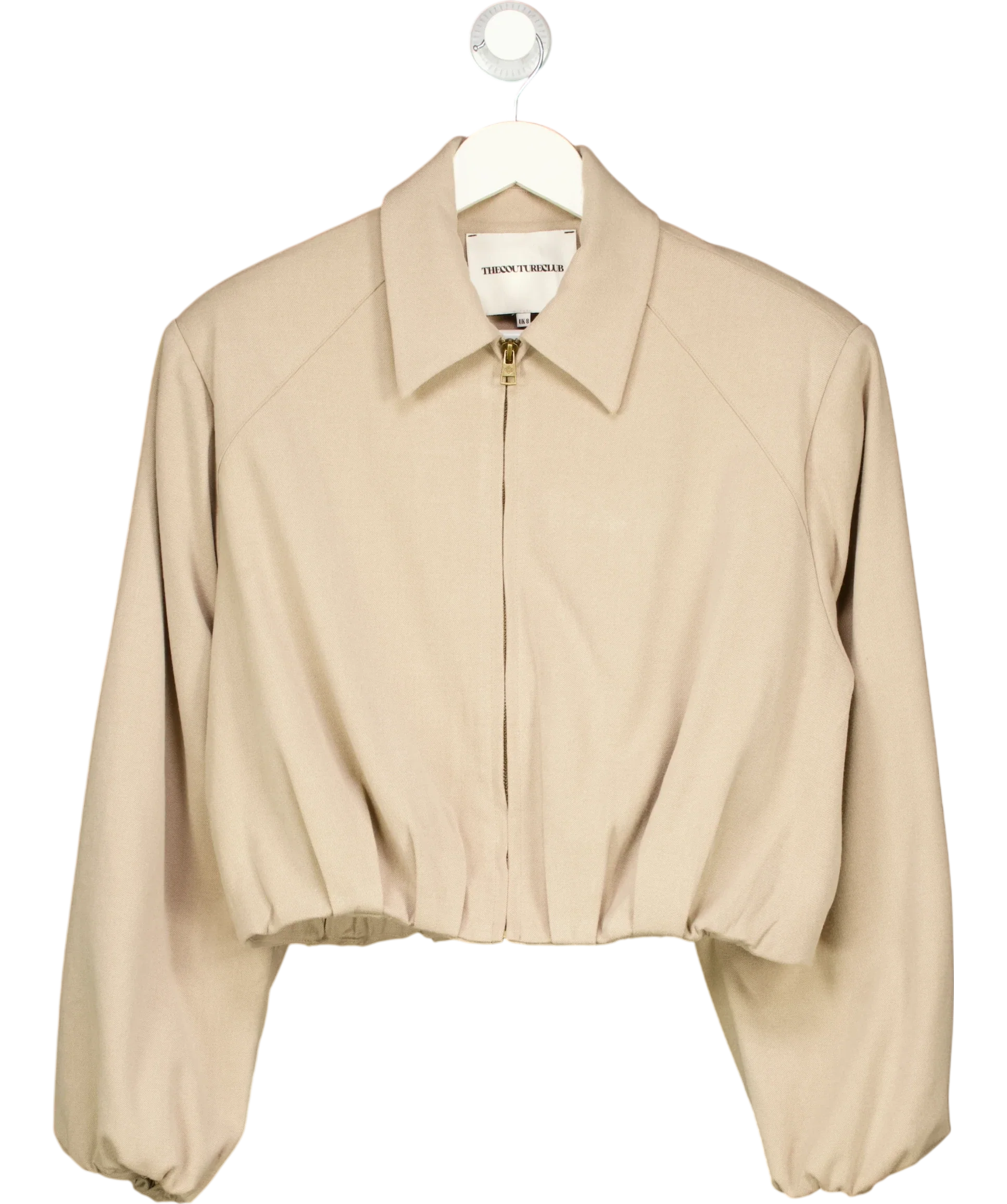 The Couture Club Beige Cropped Zip-Up Bomber Jacket Beige, size UK 8 — front