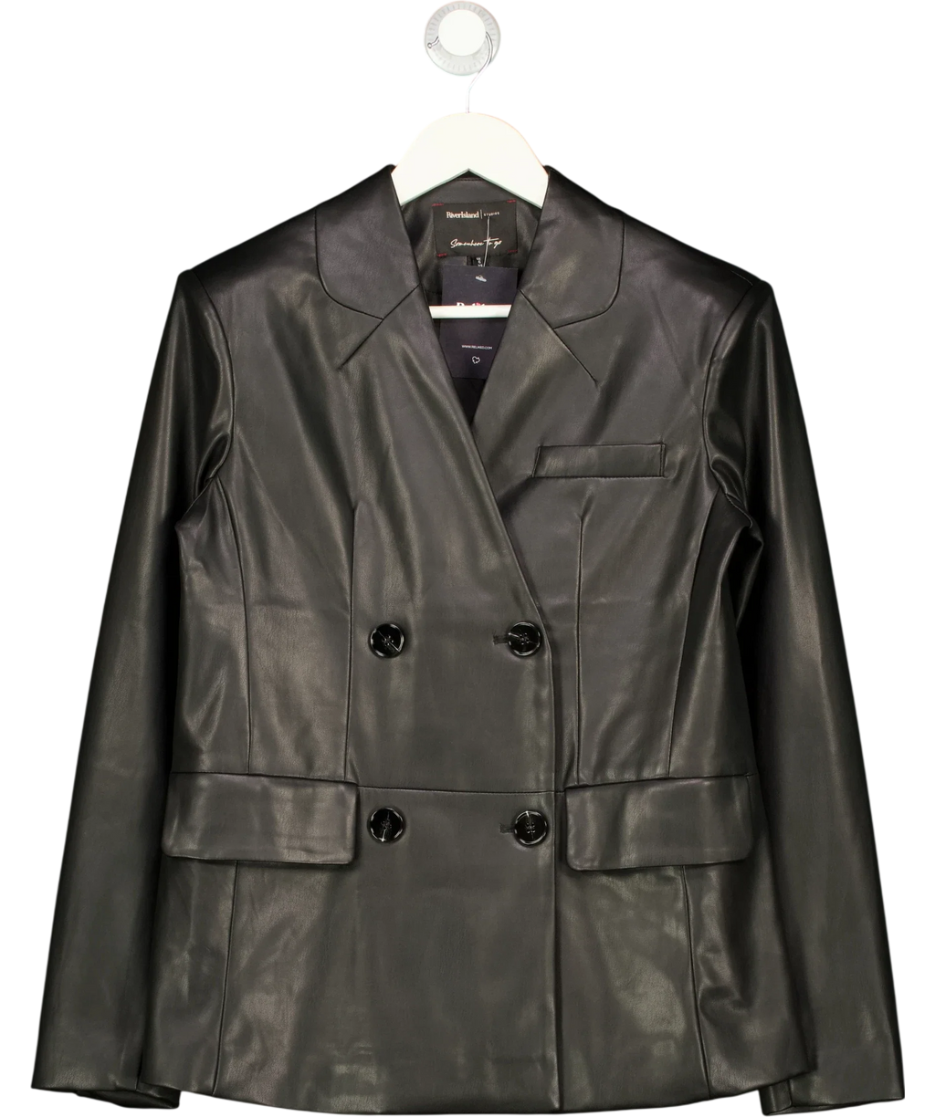 River Island Black Studios Somewhere To Go Faux Leather Blazer Black, size UK 6 — front