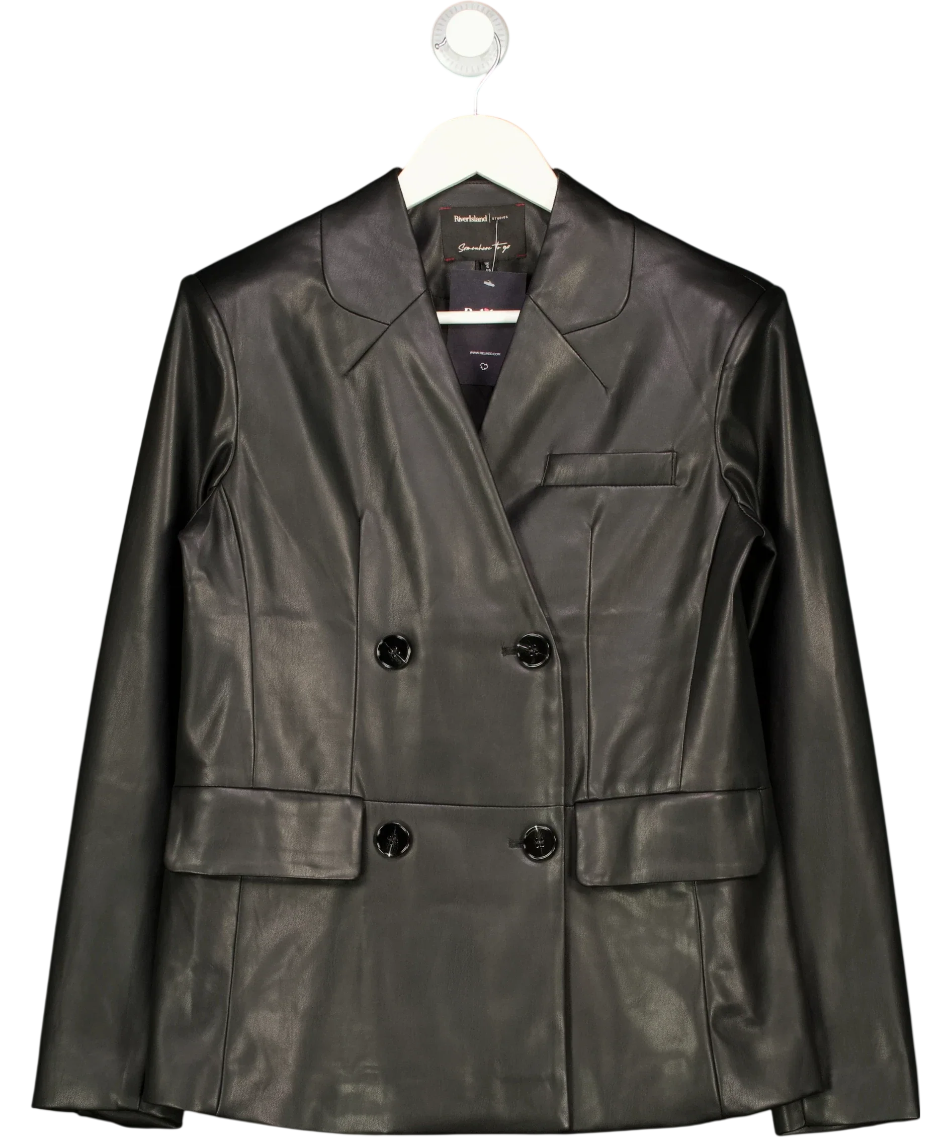River Island Black Studios Somewhere To Go Faux Leather Blazer Black, size UK 6 — front