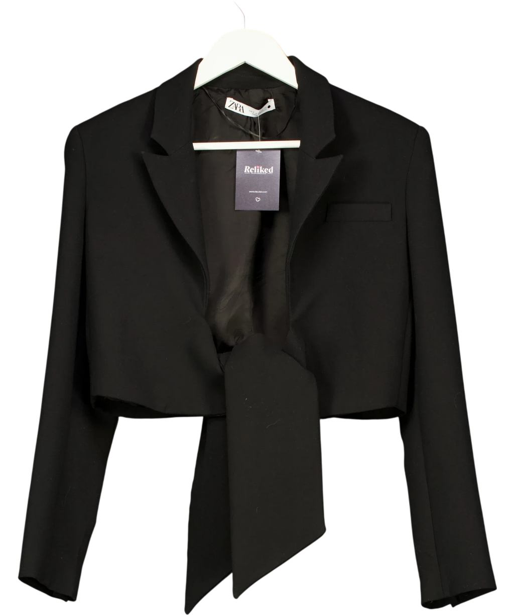 ZARA Black Tie-Front Cropped Blazer Black, size UK S — front