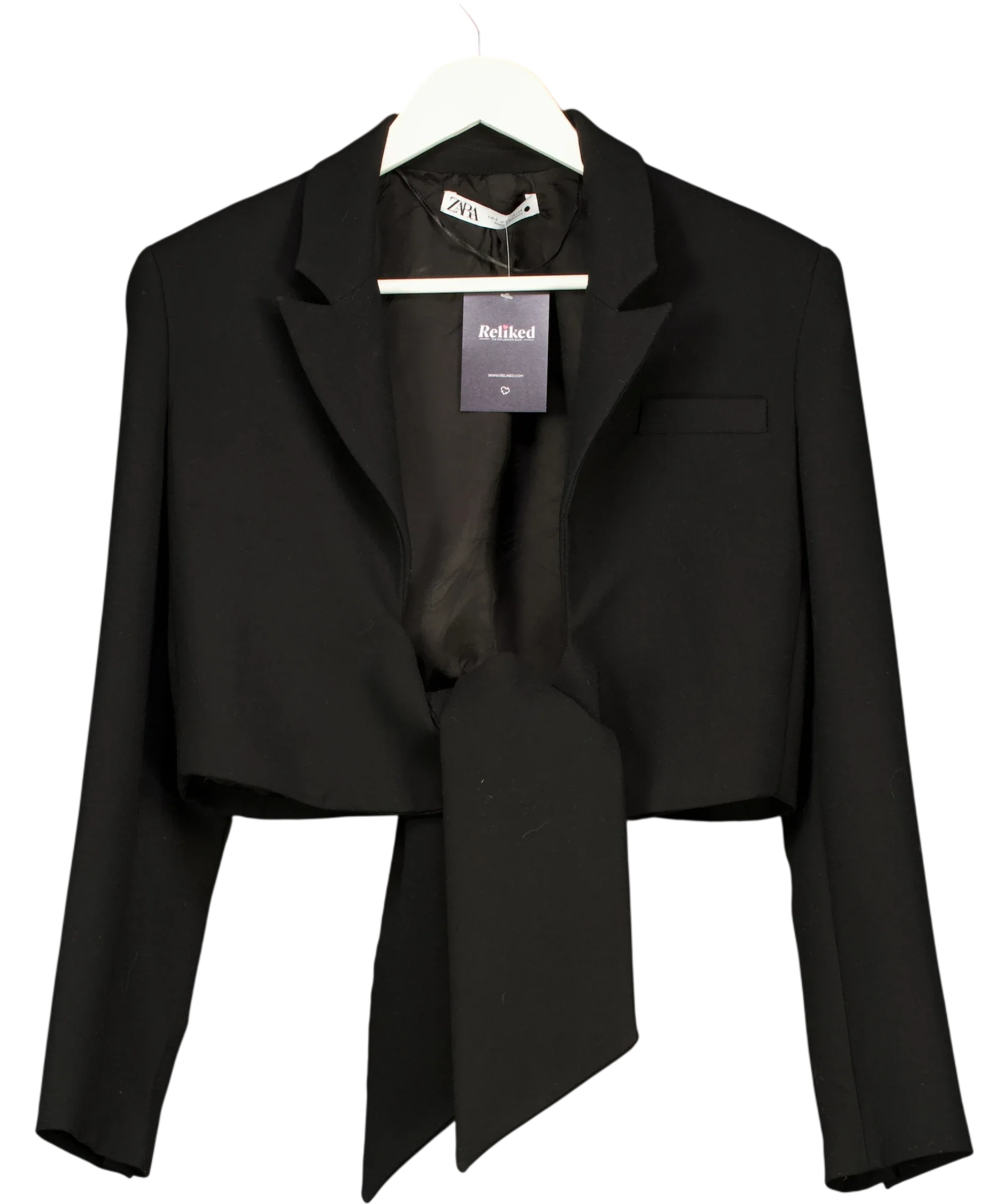 ZARA Black Tie-Front Cropped Blazer Black, size UK S — front