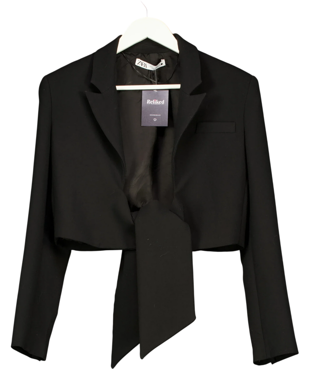 ZARA Black Tie-Front Cropped Blazer Black, size UK S — front
