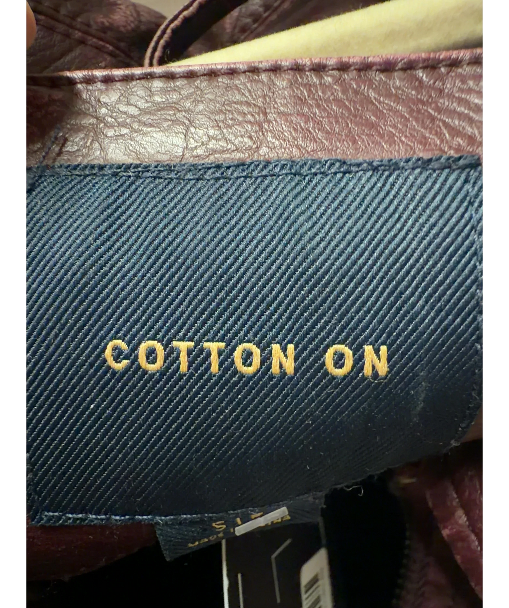 cotton on Red Faux Leather Harrington Jacket Burgundy, size UK S — detail