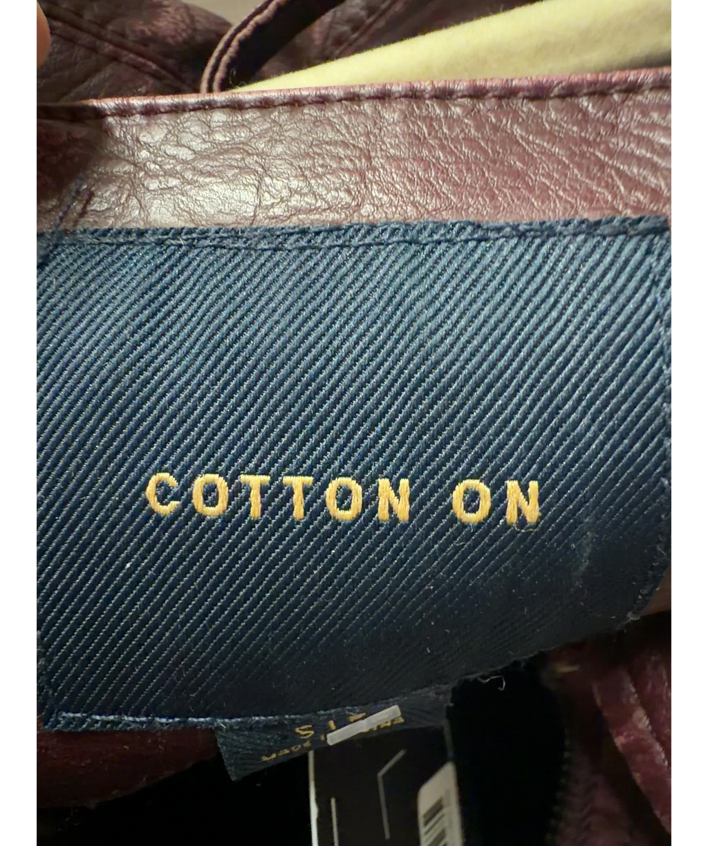 cotton on Red Faux Leather Harrington Jacket Burgundy, size UK S — detail
