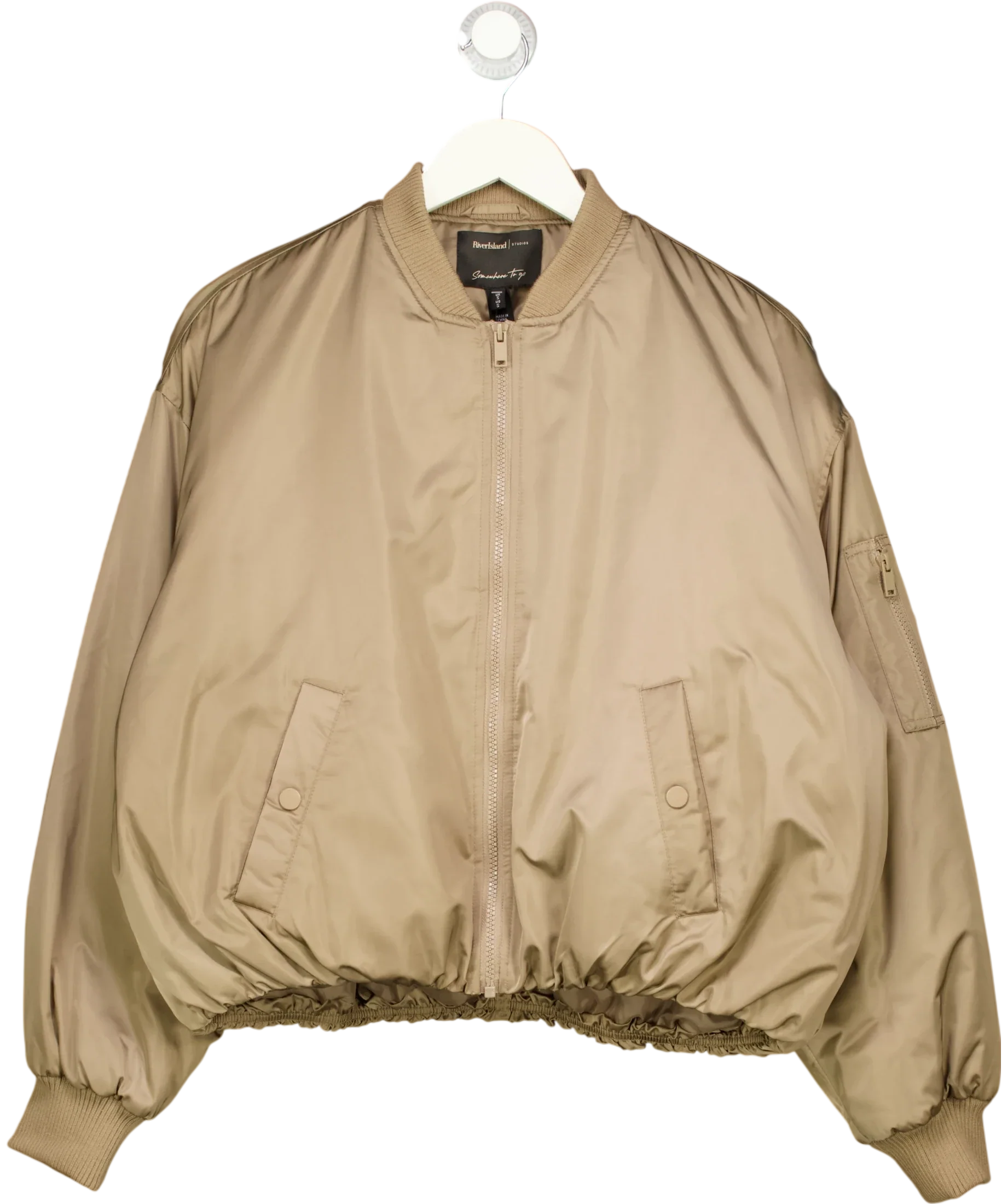 River Island Beige Studios Somewhere To Go Oversized Bomber Jacket Beige, size UK S — front