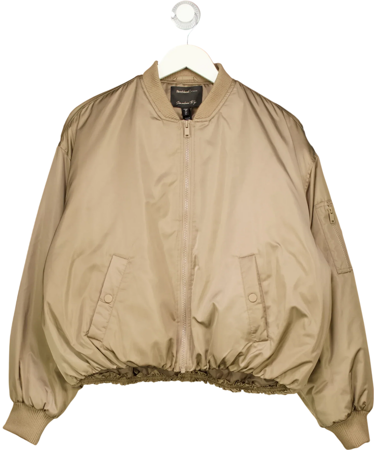 River Island Beige Studios Somewhere To Go Oversized Bomber Jacket Beige, size UK S — front