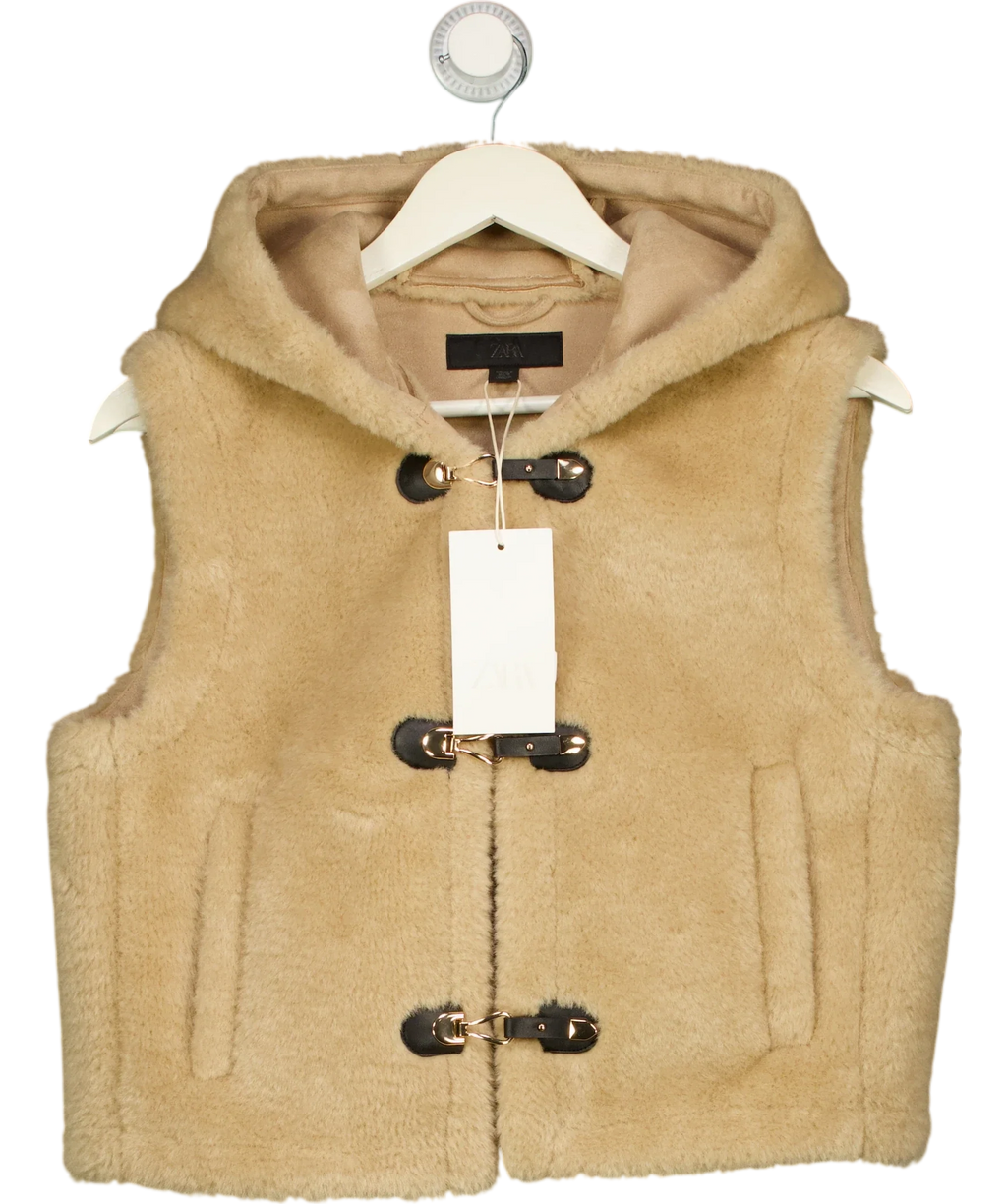 ZARA Beige Faux Fur Hooded Toggle Gilet Taupe  beige, size UK S — front