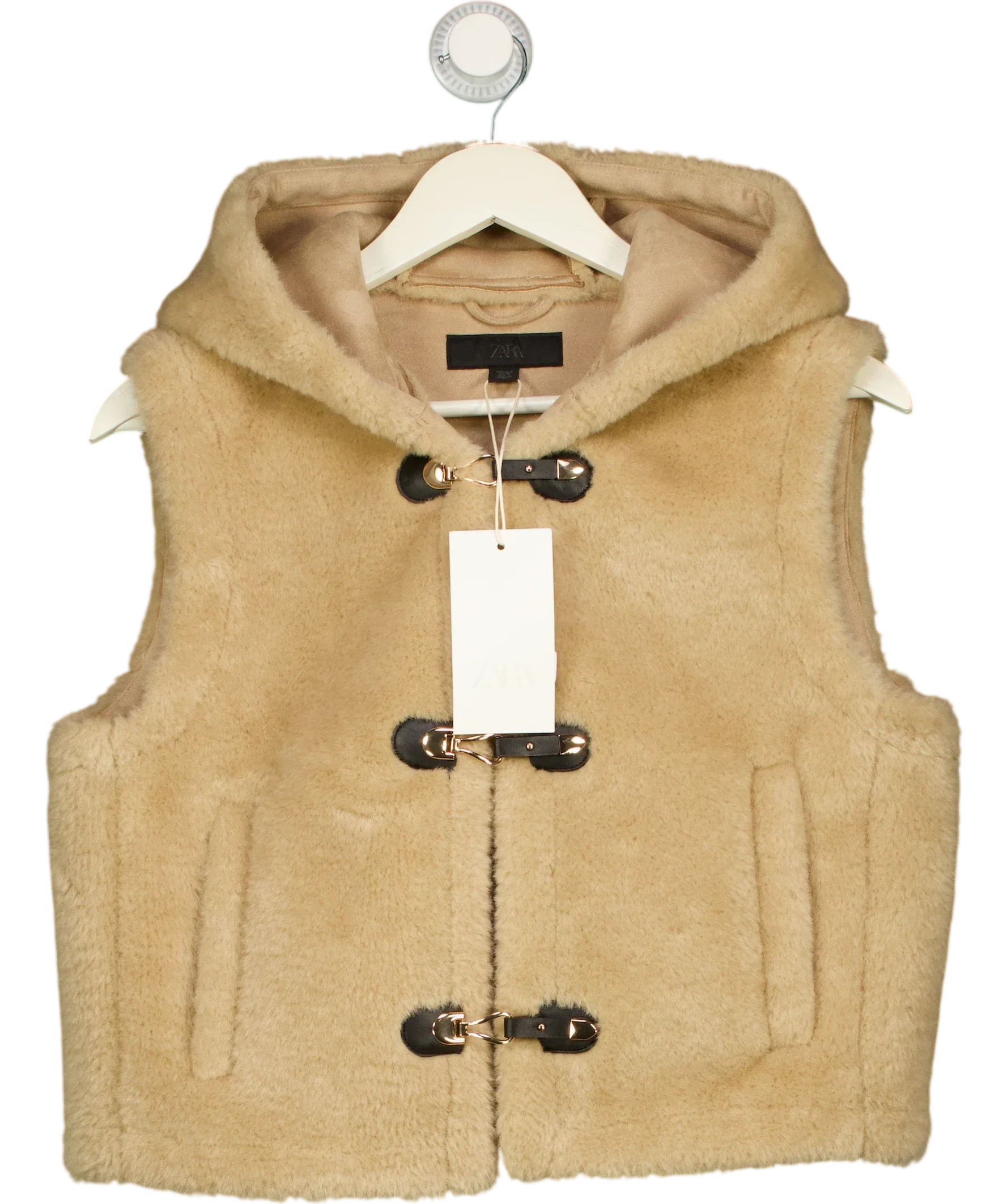 ZARA Beige Faux Fur Hooded Toggle Gilet Taupe  beige, size UK S — front