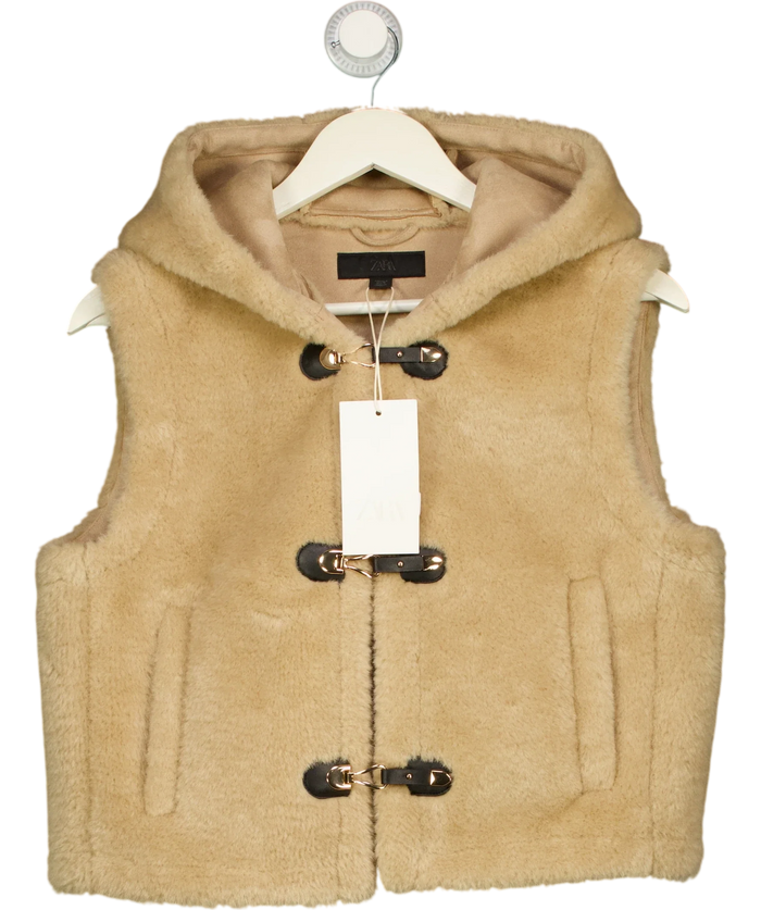 ZARA Faux Fur Hooded Toggle Gilet Taupe  Beige UK S