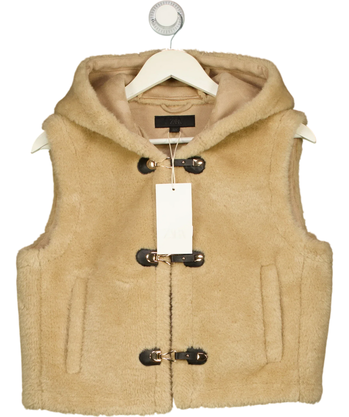 ZARA Beige Faux Fur Hooded Toggle Gilet Taupe  beige, size UK S — front