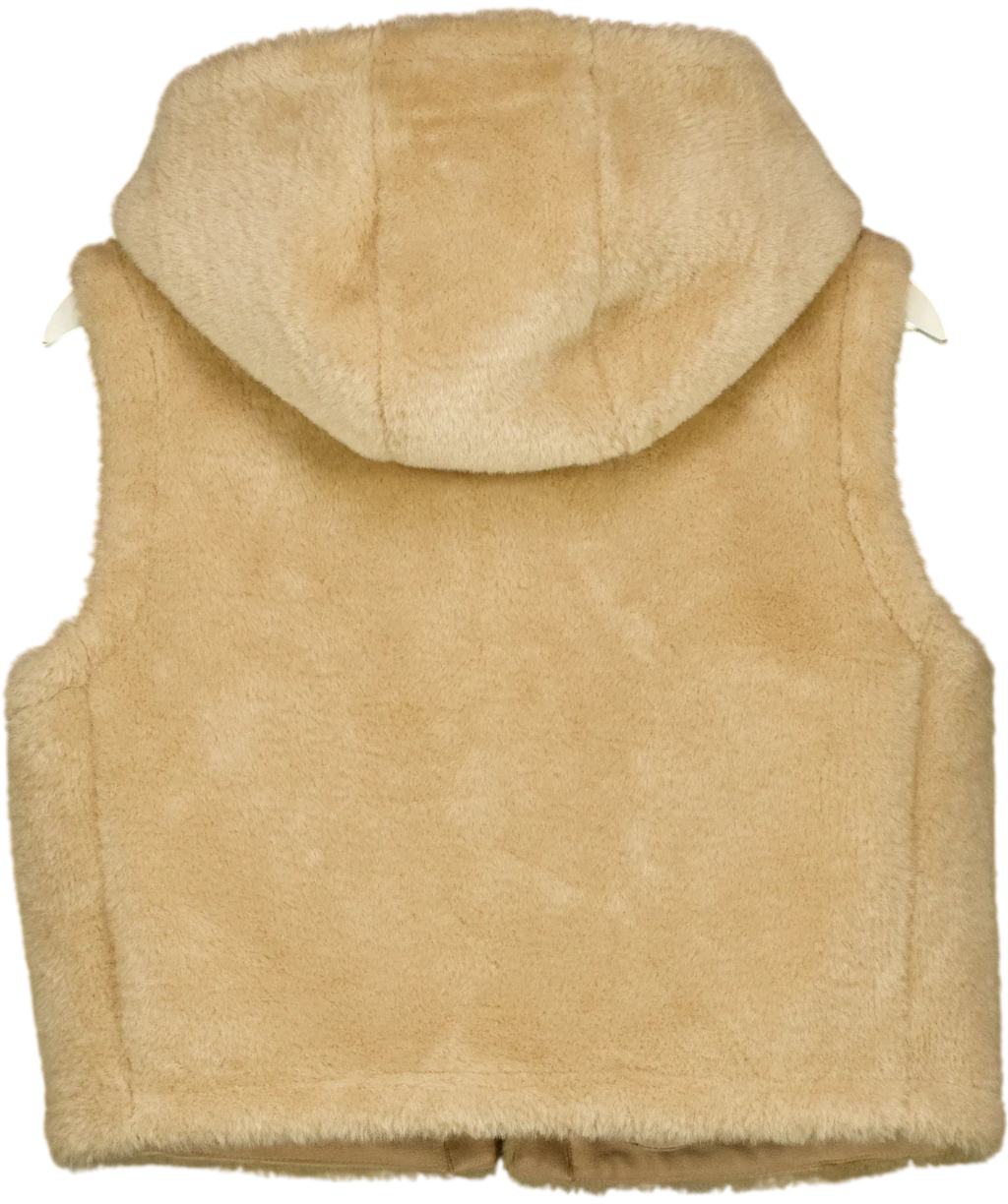 ZARA Beige Faux Fur Hooded Toggle Gilet Taupe  beige, size UK S — back