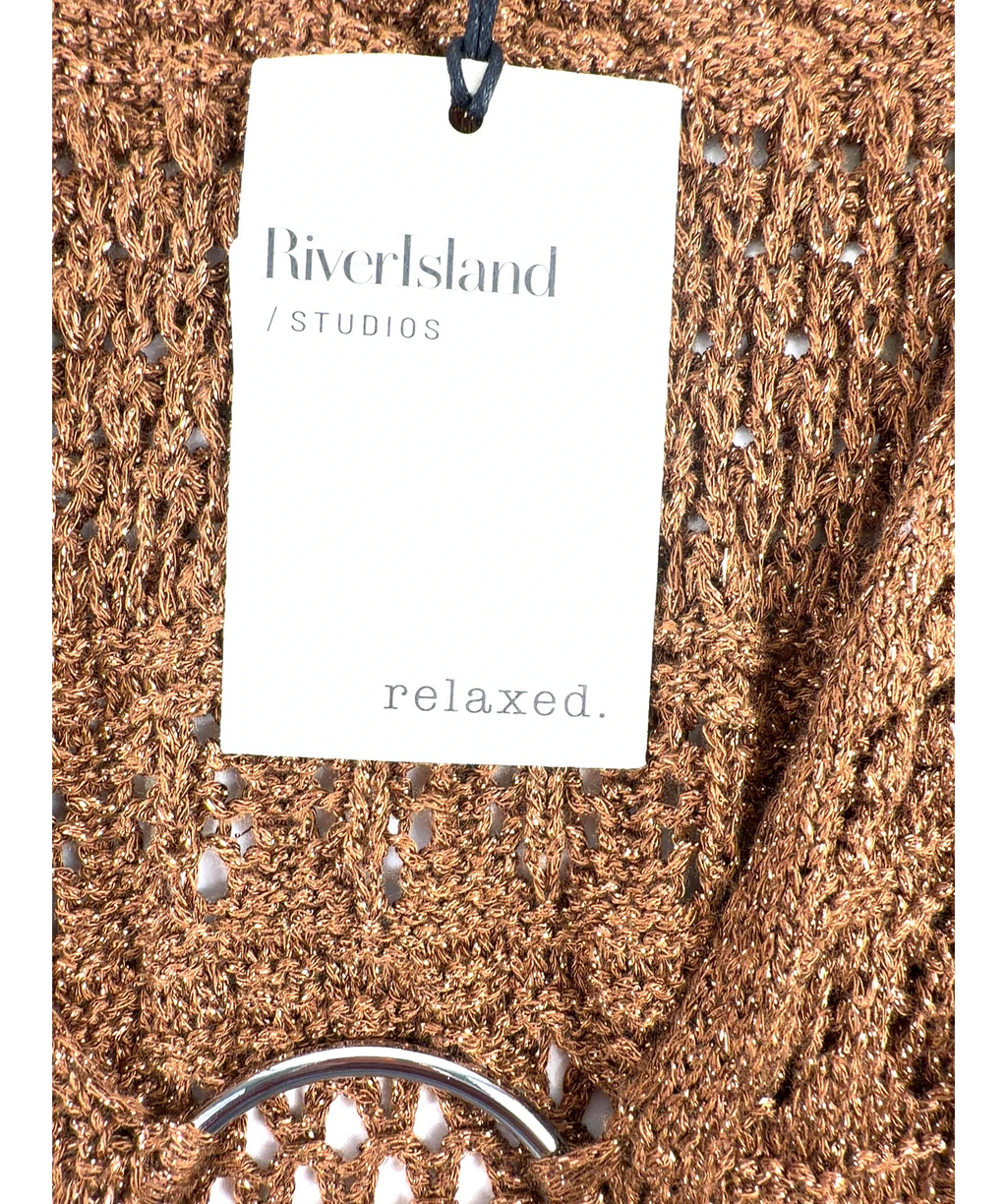 River Island Brown Brown Metallic Knit Mini Beach Dress, size UK S — detail
