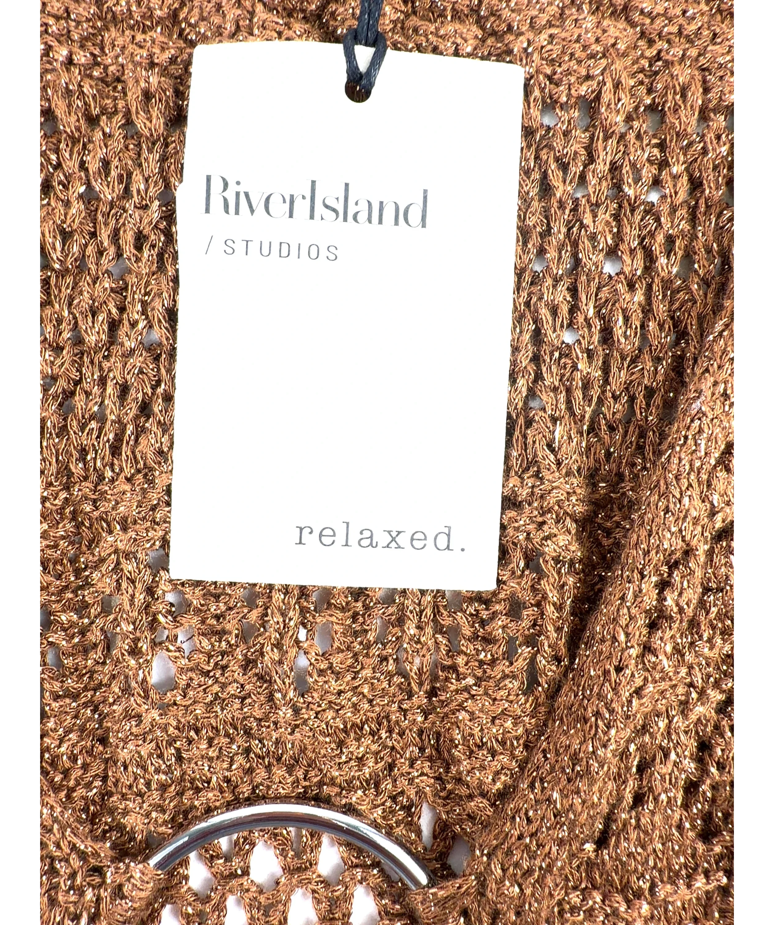 River Island Brown Brown Metallic Knit Mini Beach Dress, size UK S — detail