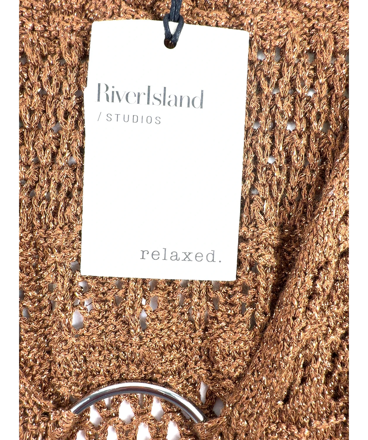 River Island Brown Brown Metallic Knit Mini Beach Dress, size UK S — detail