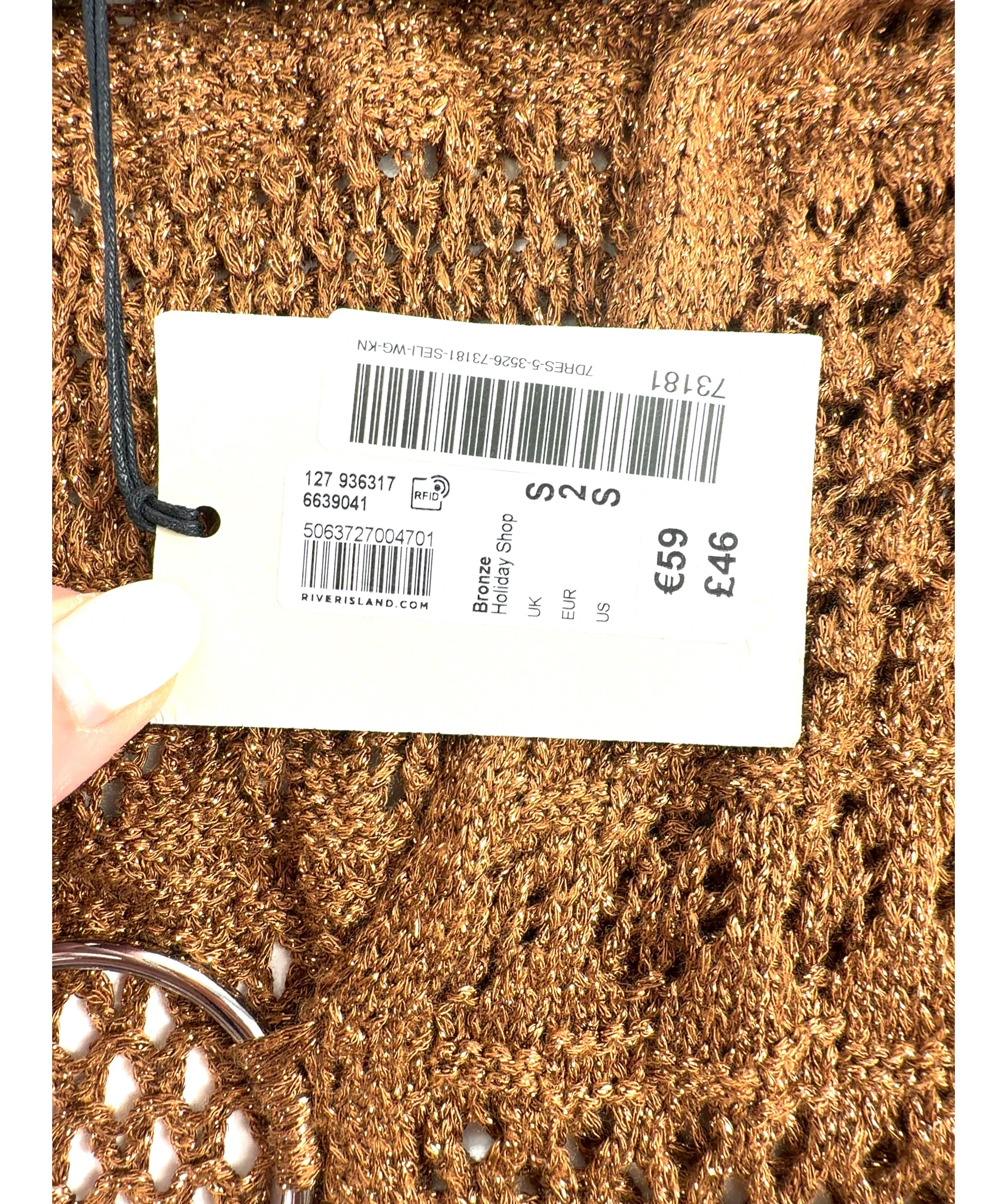 River Island Brown Brown Metallic Knit Mini Beach Dress, size UK S — label