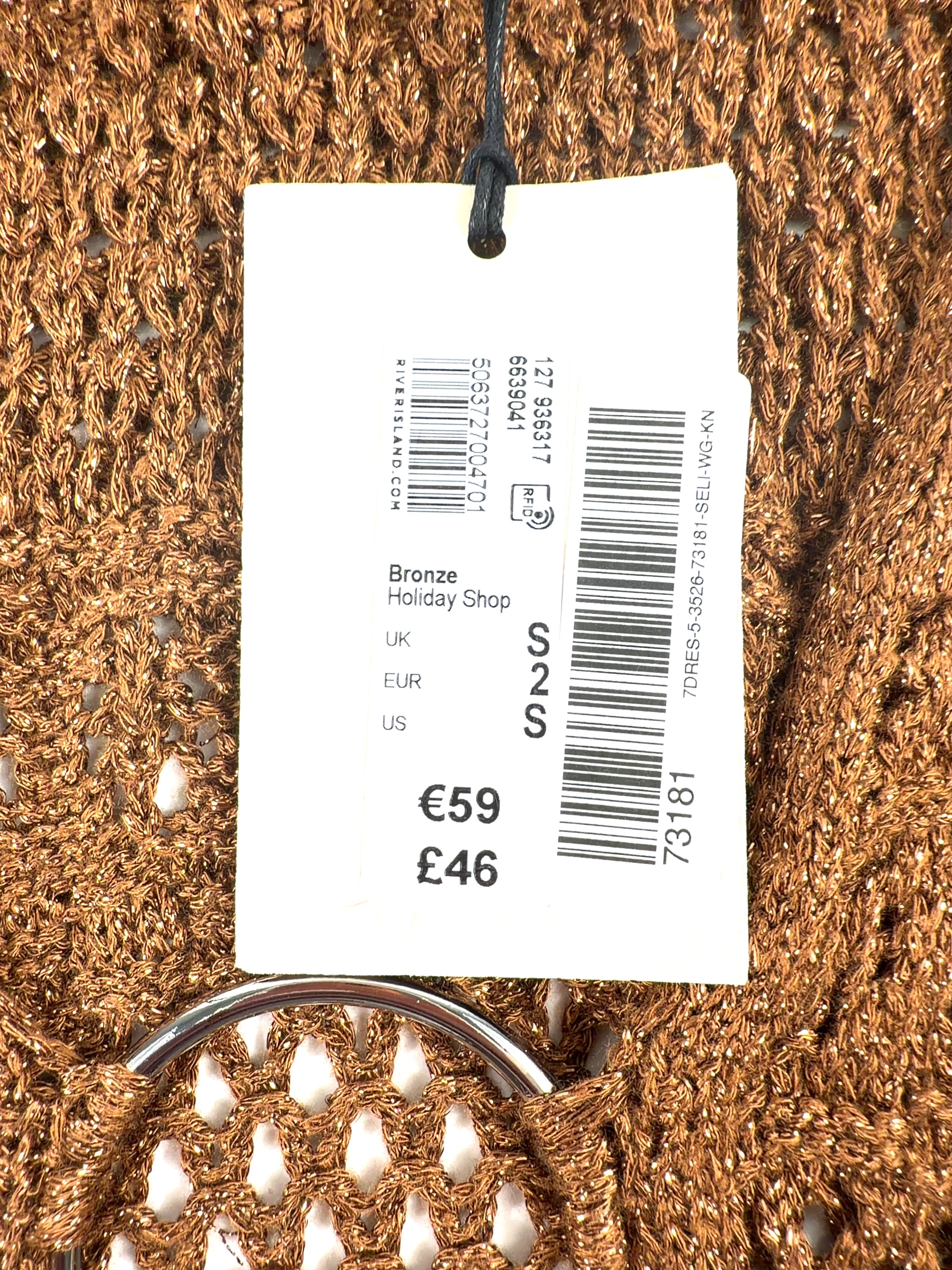 River Island Brown Brown Metallic Knit Mini Beach Dress, size UK S — care label