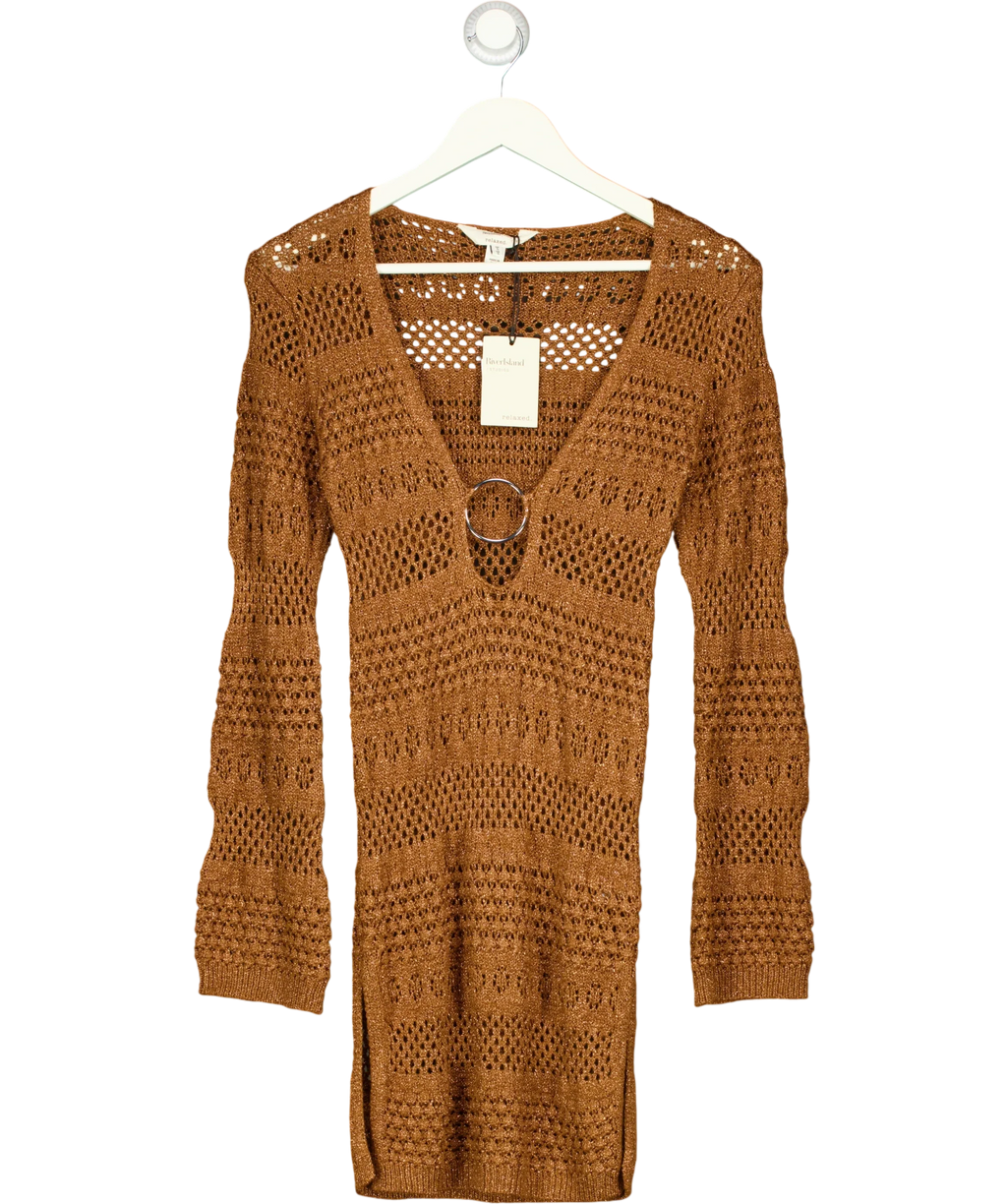 River Island Brown Brown Metallic Knit Mini Beach Dress, size UK S — front