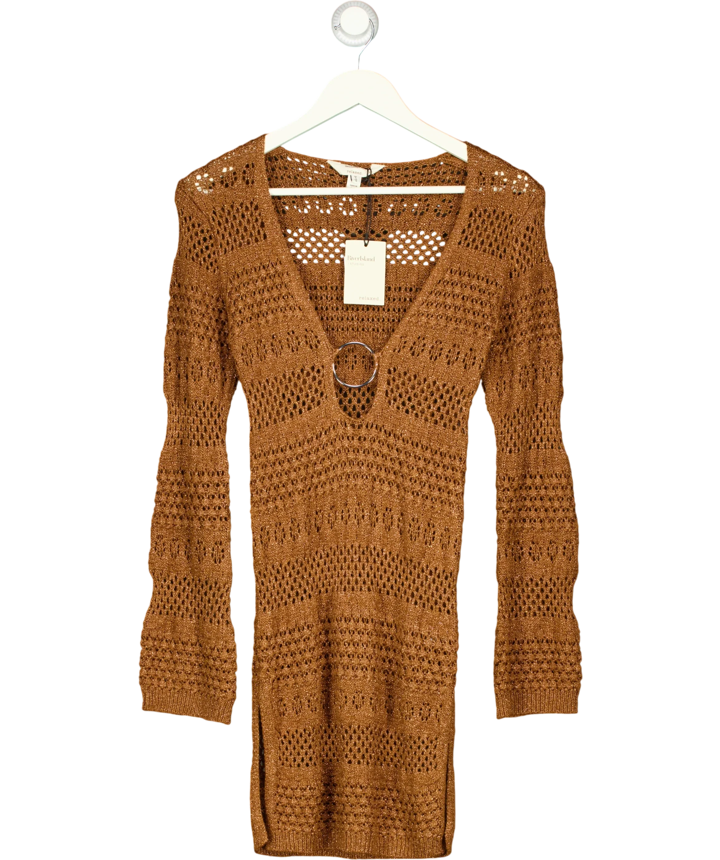 River Island Brown Brown Metallic Knit Mini Beach Dress, size UK S — front