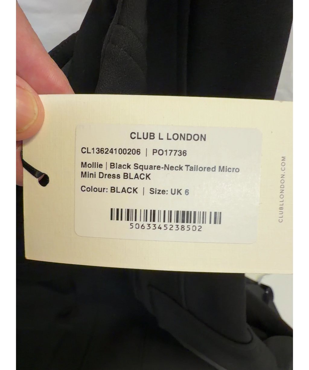 Club L Black Mollie Black Square-Neck Tailored Micro Mini Dress, size UK 6 — label