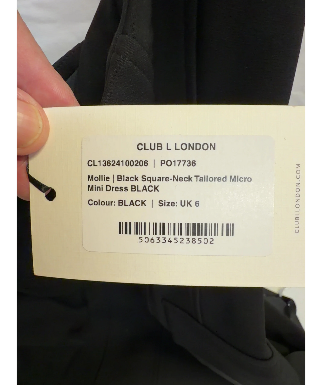 Club L Black Mollie Black Square-Neck Tailored Micro Mini Dress, size UK 6 — care label