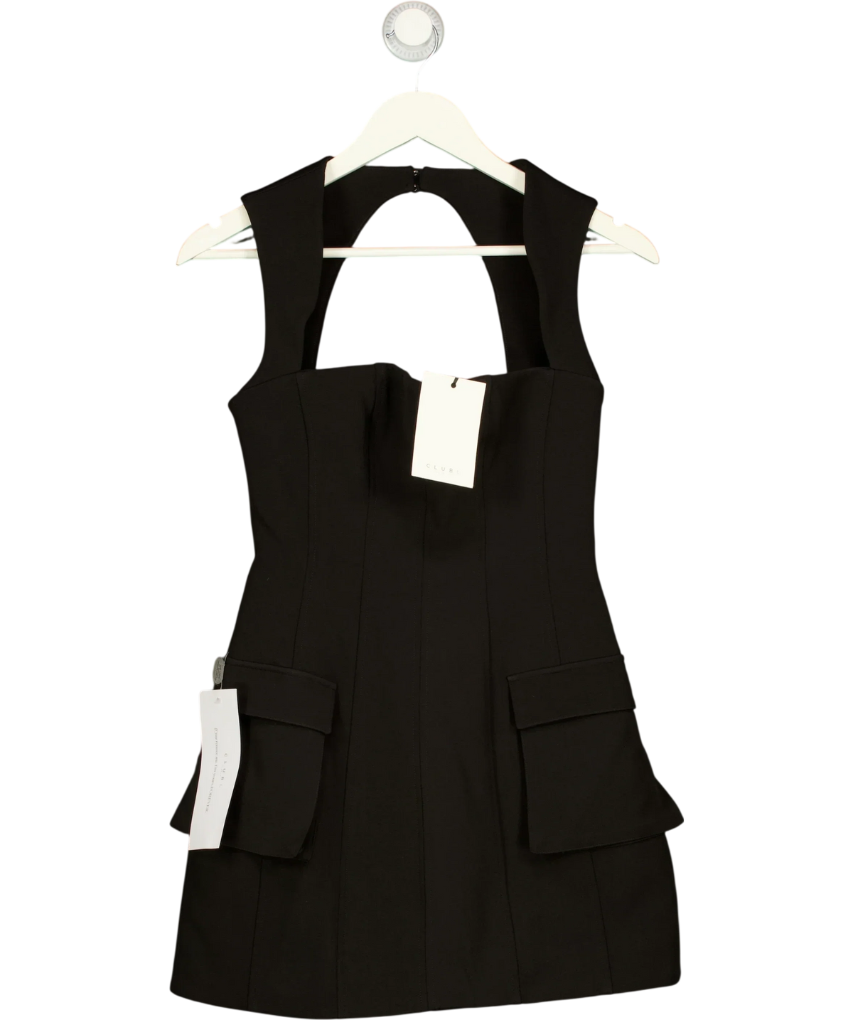 Club L Black Mollie Black Square-Neck Tailored Micro Mini Dress, size UK 6 — front