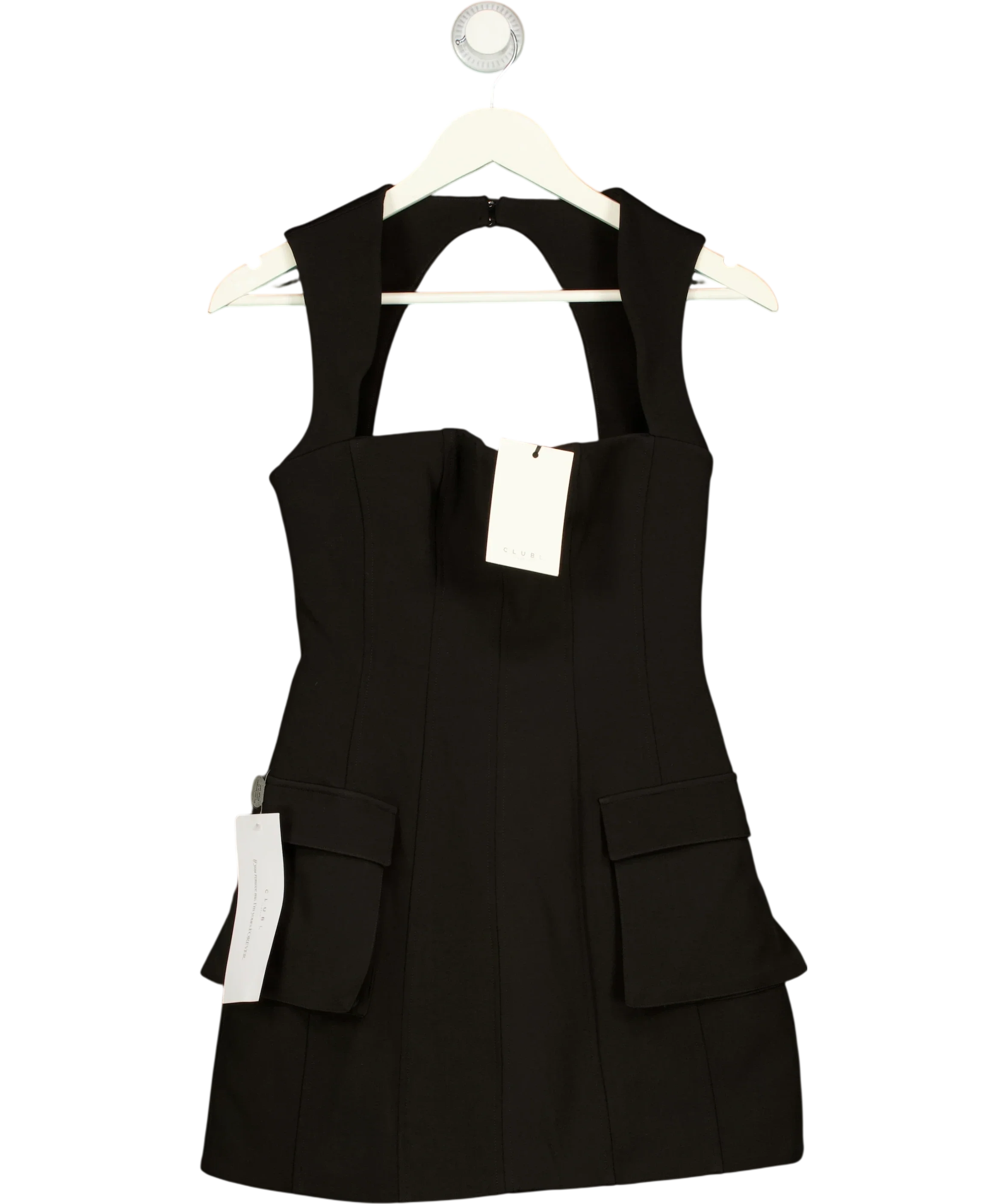 Club L Black Mollie Black Square-Neck Tailored Micro Mini Dress, size UK 6 — front