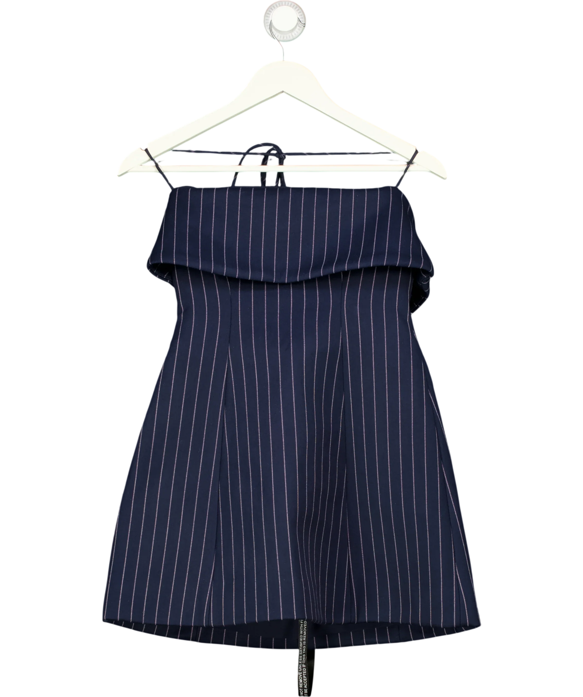 Club L navy Ember Navy Pinstripe Square-Neck Mini Dress, size UK 6 — front