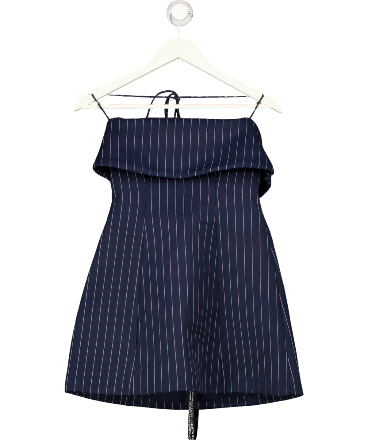 Club L navy Ember Navy Pinstripe Square-Neck Mini Dress, size UK 6 — front