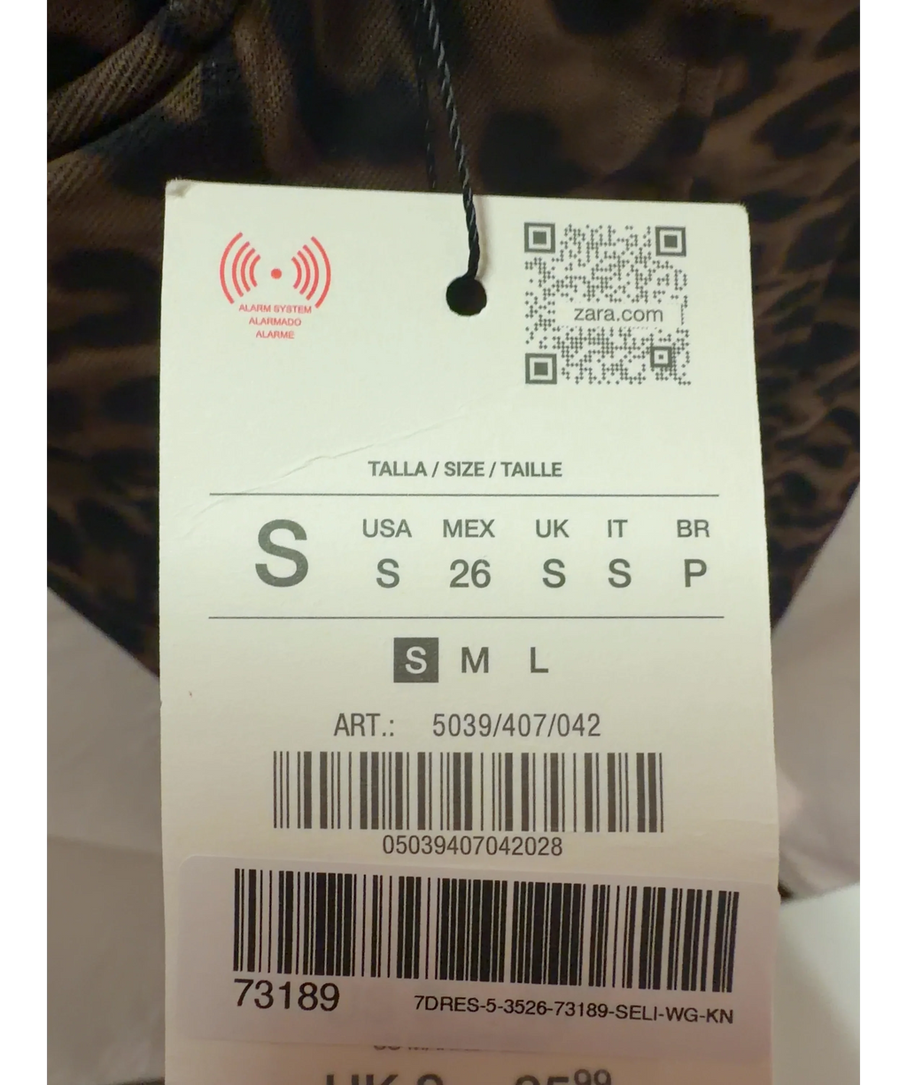 ZARA Brown Animal Print Corsetry-Inspired Tulle Dress, size UK S — care label