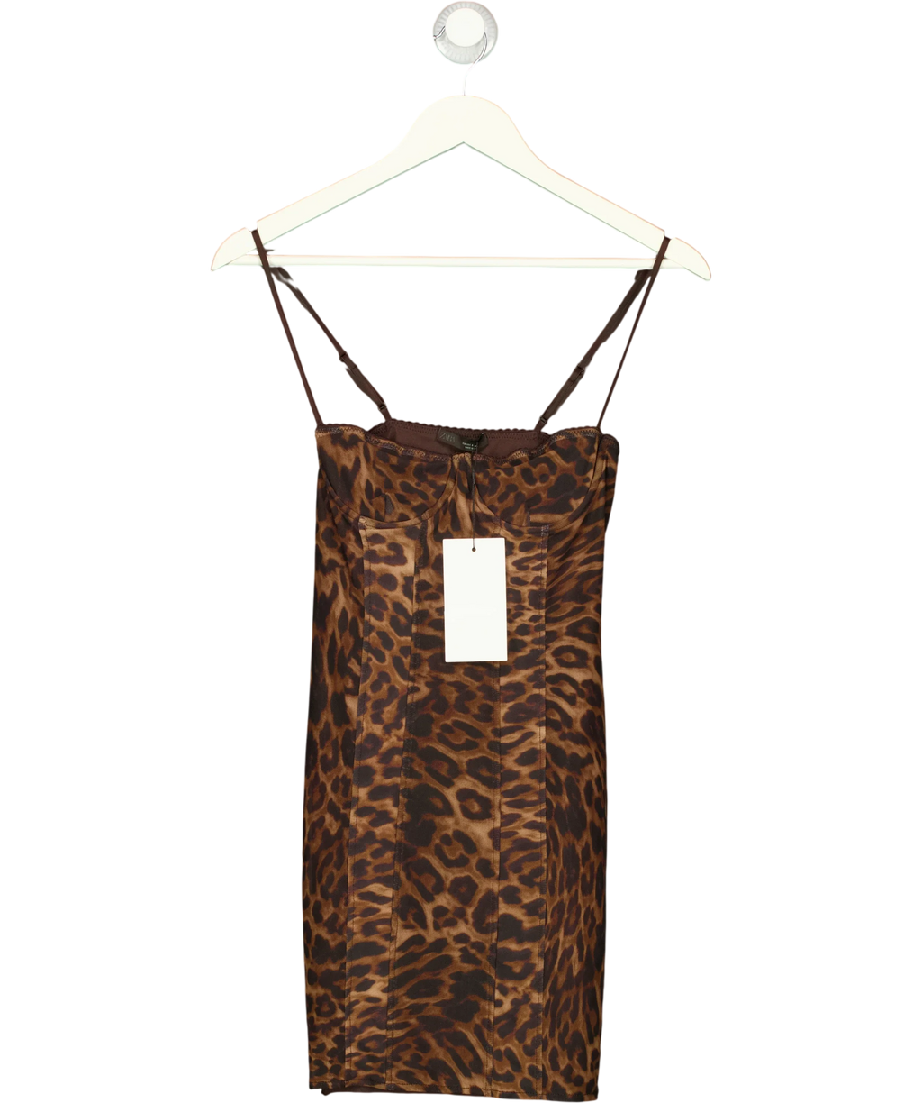 ZARA Brown Animal Print Corsetry-Inspired Tulle Dress, size UK S — front