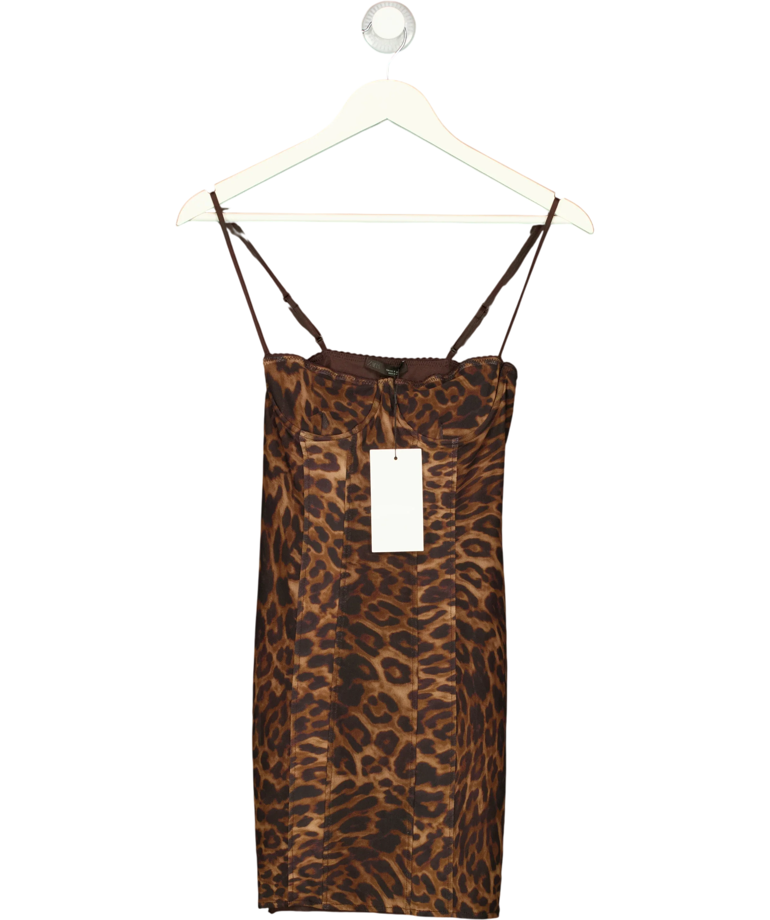 ZARA Brown Animal Print Corsetry-Inspired Tulle Dress, size UK S — front