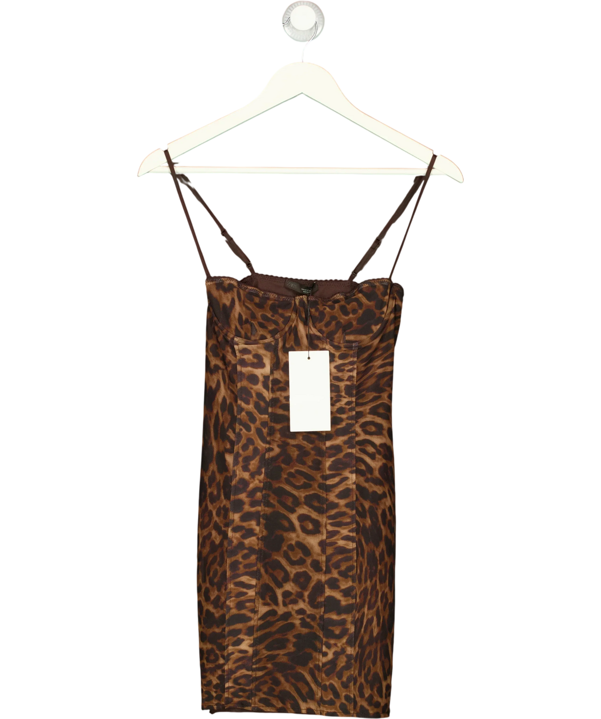 ZARA Brown Animal Print Corsetry-Inspired Tulle Dress, size UK S — front