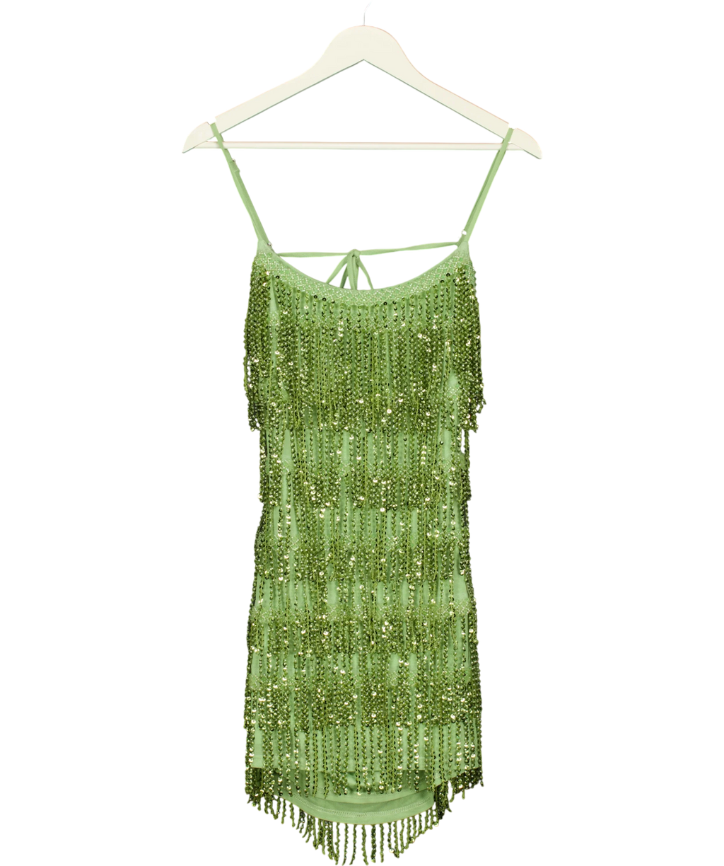 WHITE FOX Green The Rosy Drop Fringe Mini Dress Apple green, size UK XS — front