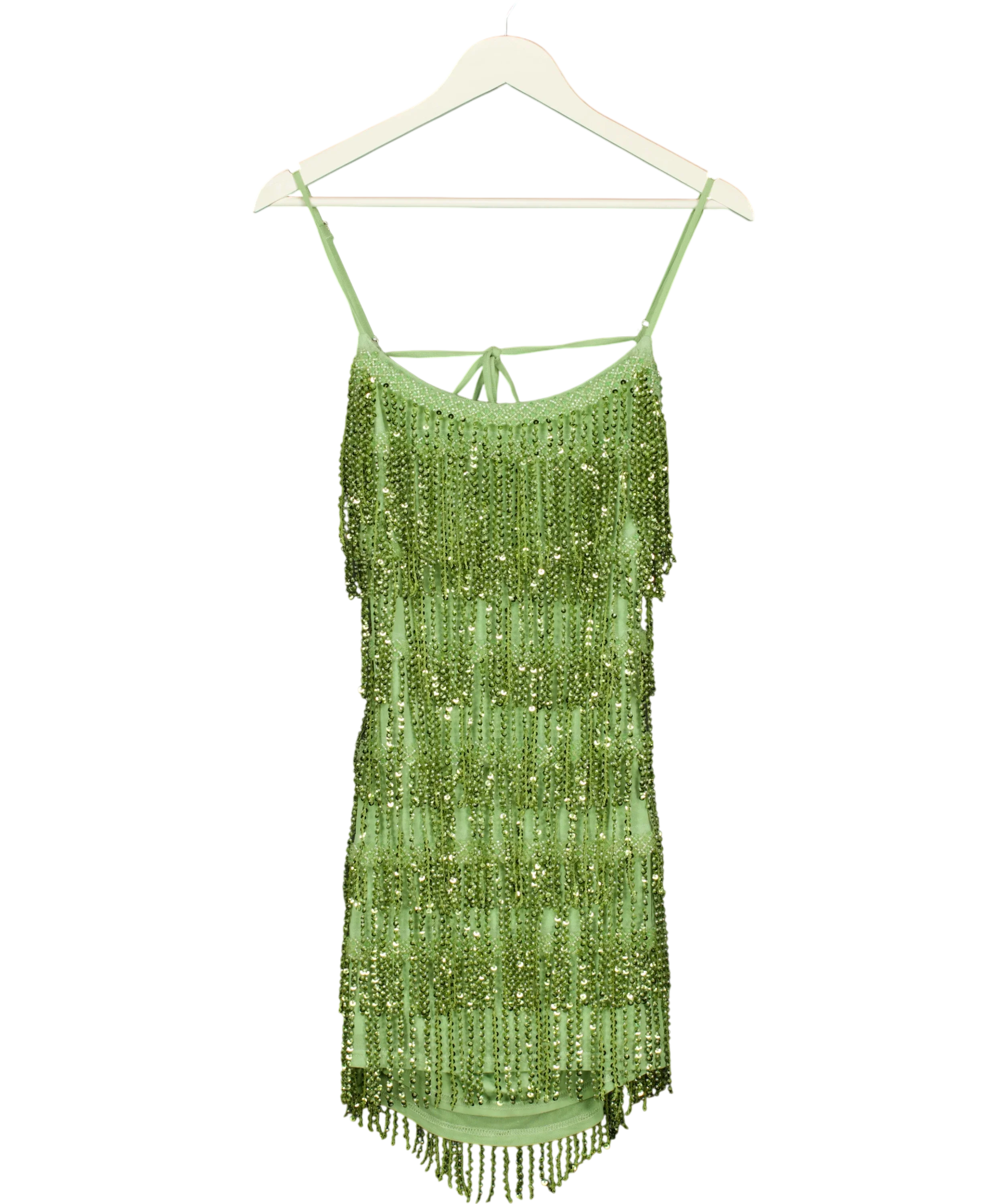 WHITE FOX Green The Rosy Drop Fringe Mini Dress Apple green, size UK XS — front