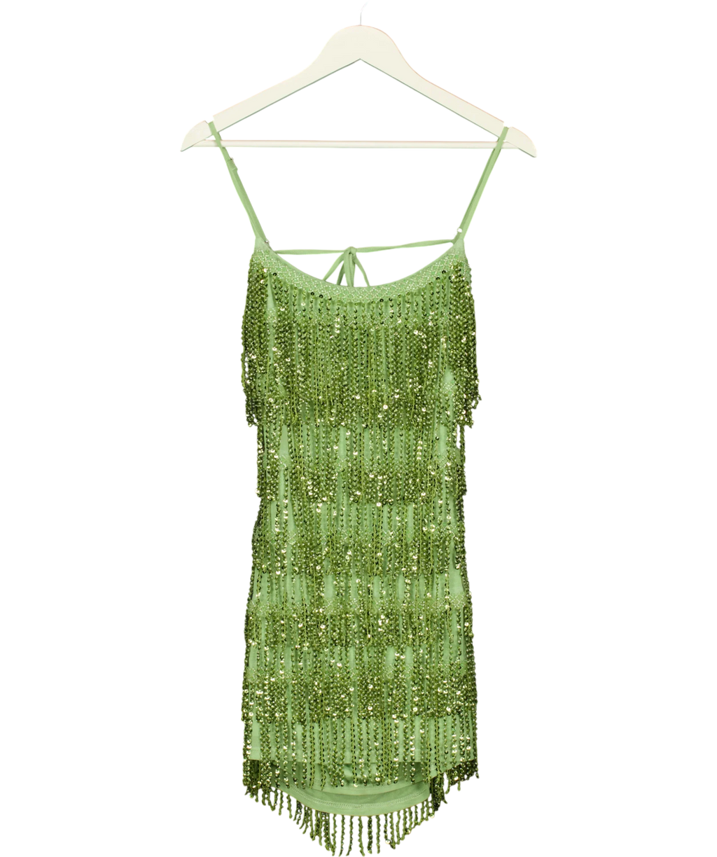 WHITE FOX Green The Rosy Drop Fringe Mini Dress Apple green, size UK XS — front