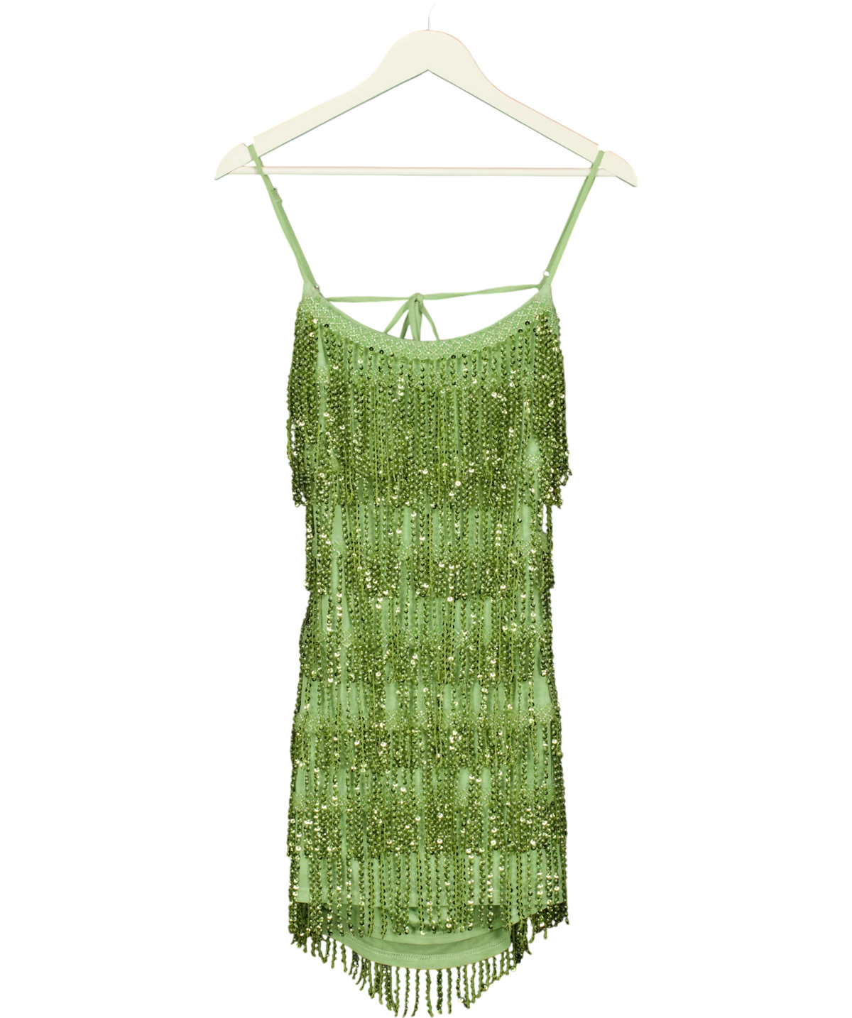 WHITE FOX Green The Rosy Drop Fringe Mini Dress Apple green, size UK XS — front