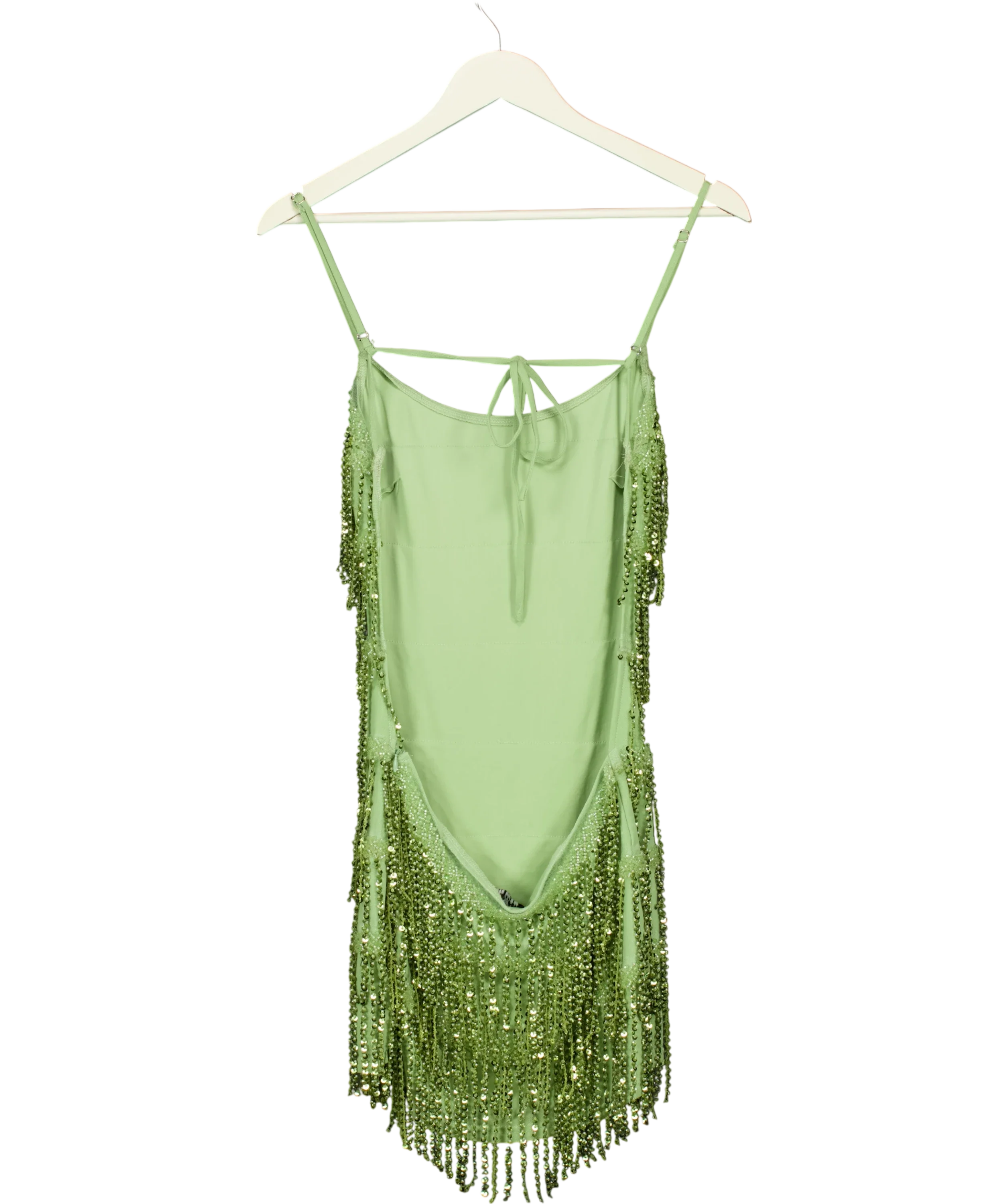WHITE FOX Green The Rosy Drop Fringe Mini Dress Apple green, size UK XS — back