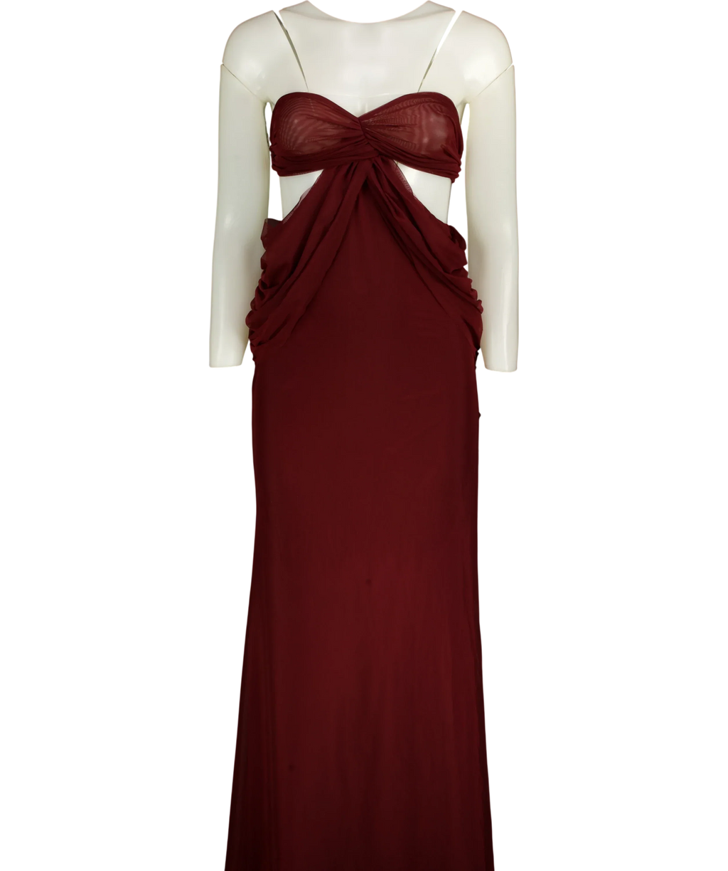 Jaded London Red Draped Vida Burgundy red Cut Out Maxi Dress, size UK 6 — front