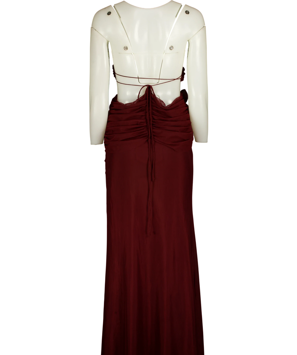 Jaded London Red Draped Vida Burgundy red Cut Out Maxi Dress, size UK 6 — back