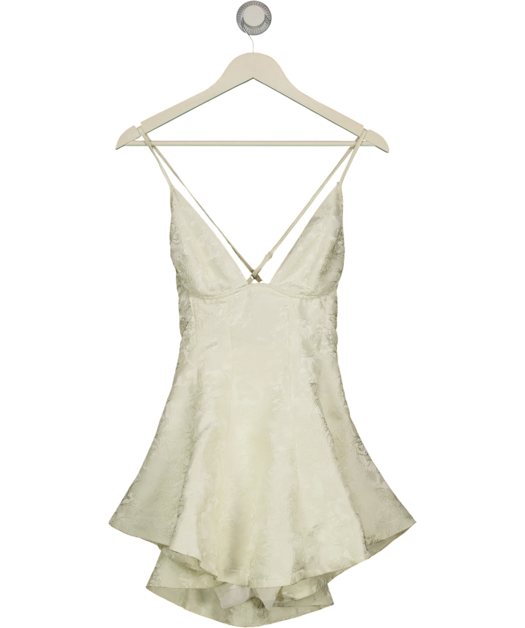 Babyboo Cream Jocelyn Ivory Floral Jacquard Plunge Halter Mini Dress, size UK S — front