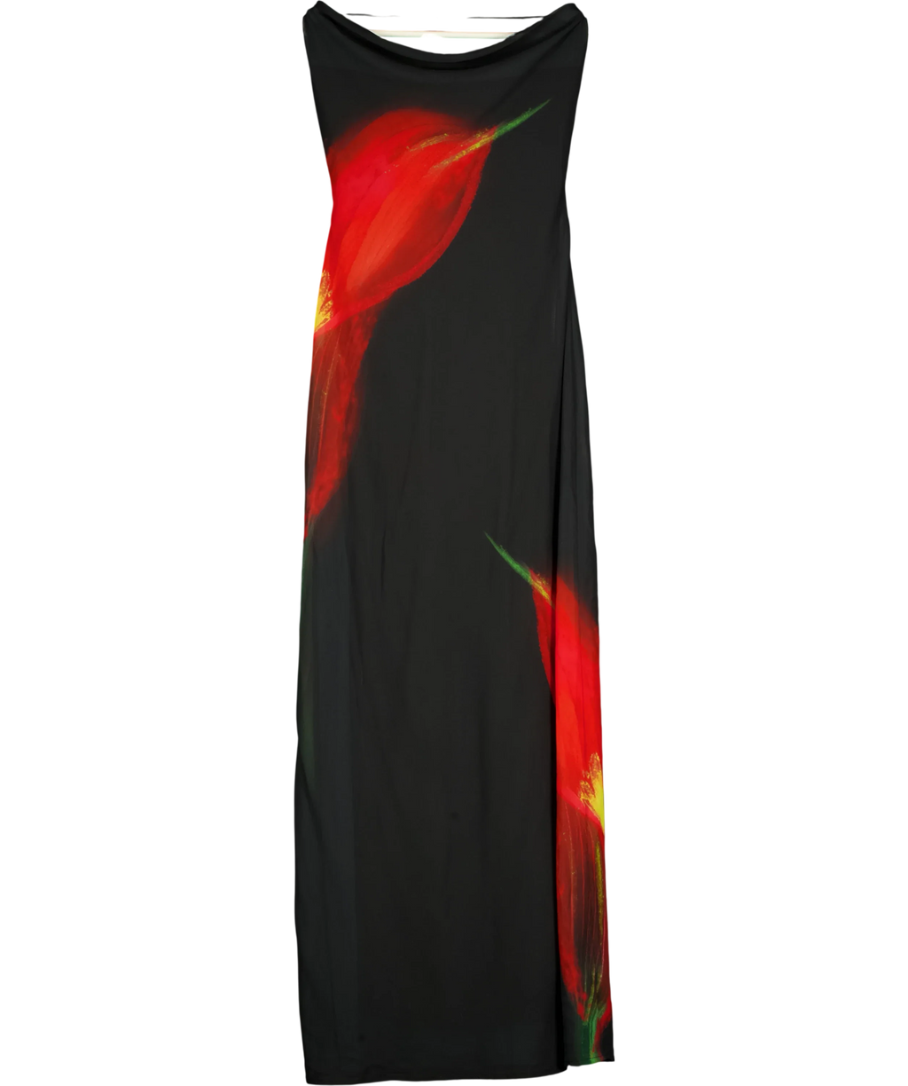WHITE FOX Black Anthurium Print Cowl Neck Maxi Dress Black, size UK XS — front