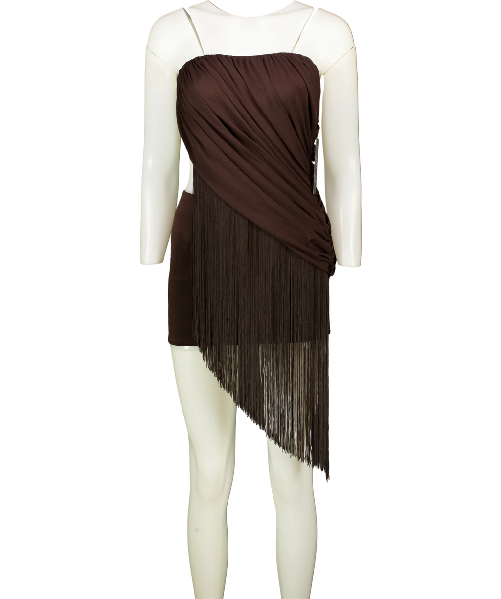 WHITE FOX Brown Man I Need Strapless Fringe Mini Dress Chocolate brown, size UK XS — front