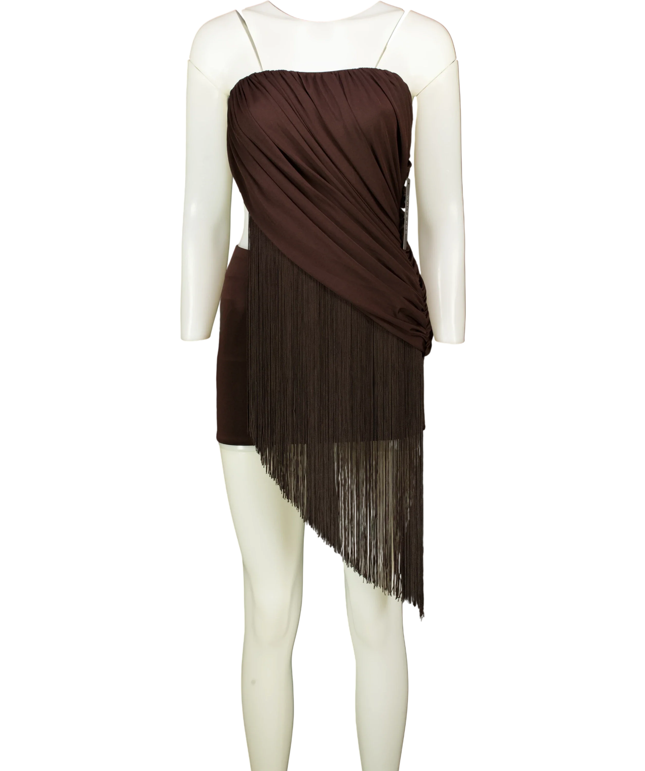 WHITE FOX Brown Man I Need Strapless Fringe Mini Dress Chocolate brown, size UK XS — front