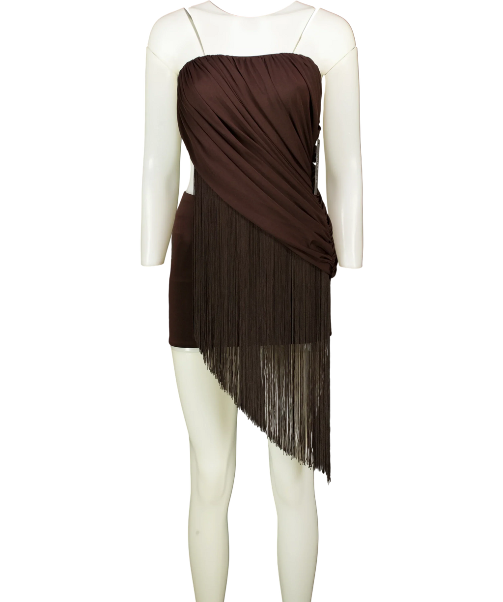 WHITE FOX Brown Man I Need Strapless Fringe Mini Dress Chocolate brown, size UK XS — front