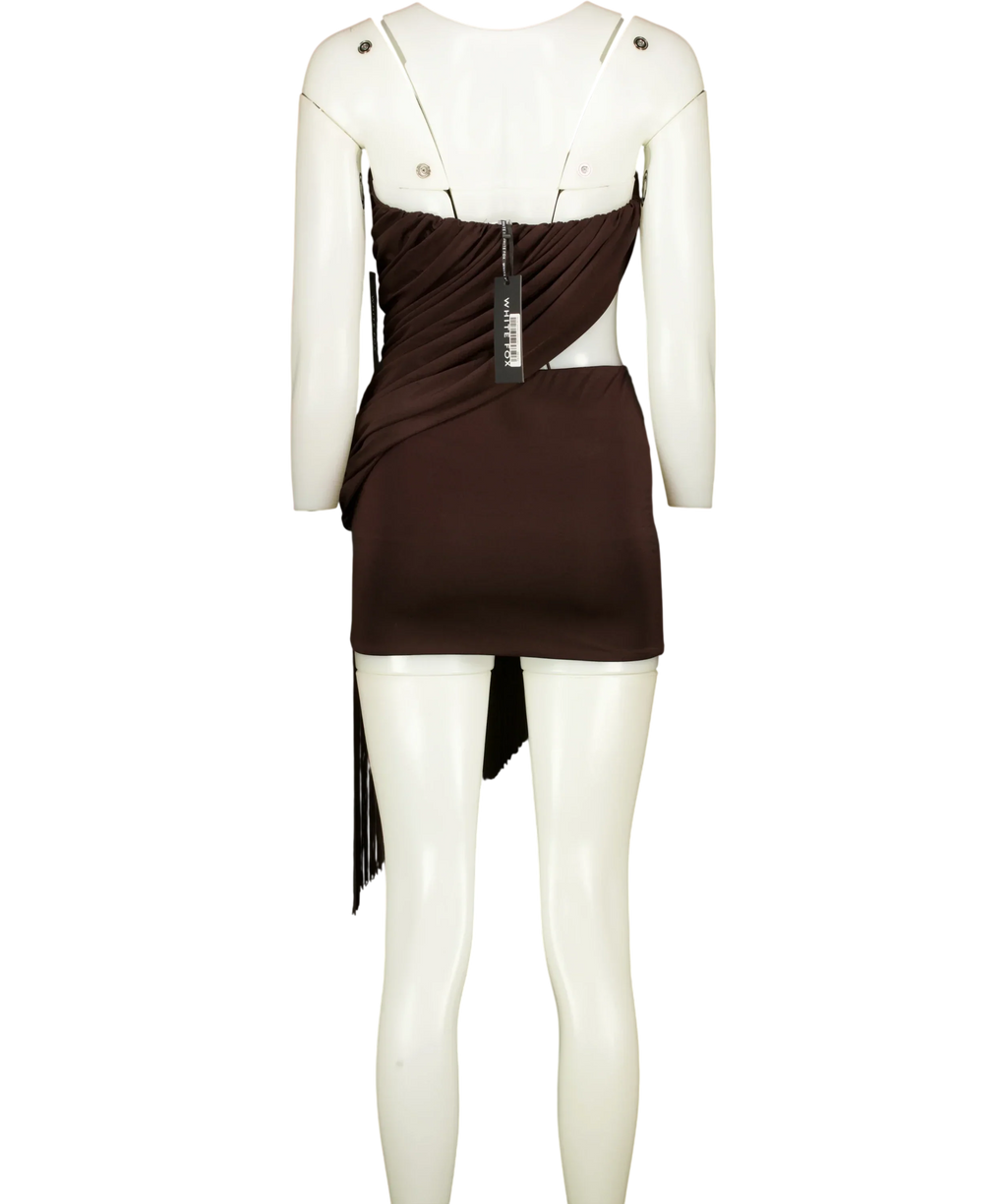 WHITE FOX Brown Man I Need Strapless Fringe Mini Dress Chocolate brown, size UK XS — back
