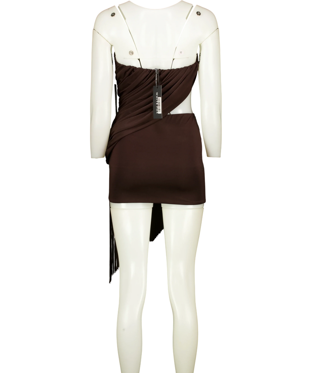 WHITE FOX Brown Man I Need Strapless Fringe Mini Dress Chocolate brown, size UK XS — back