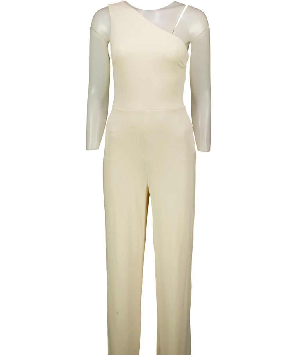 Club L Cream Cream Asymmetric One Shoulder Jumpsuit, size UK 8 — front